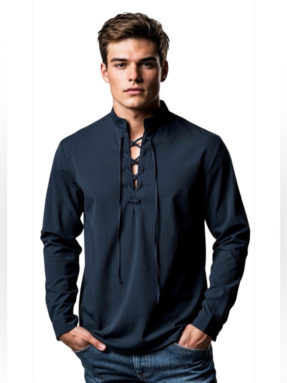 New-XXL Men's Navy Lace-Up Long Sleeve Shirt